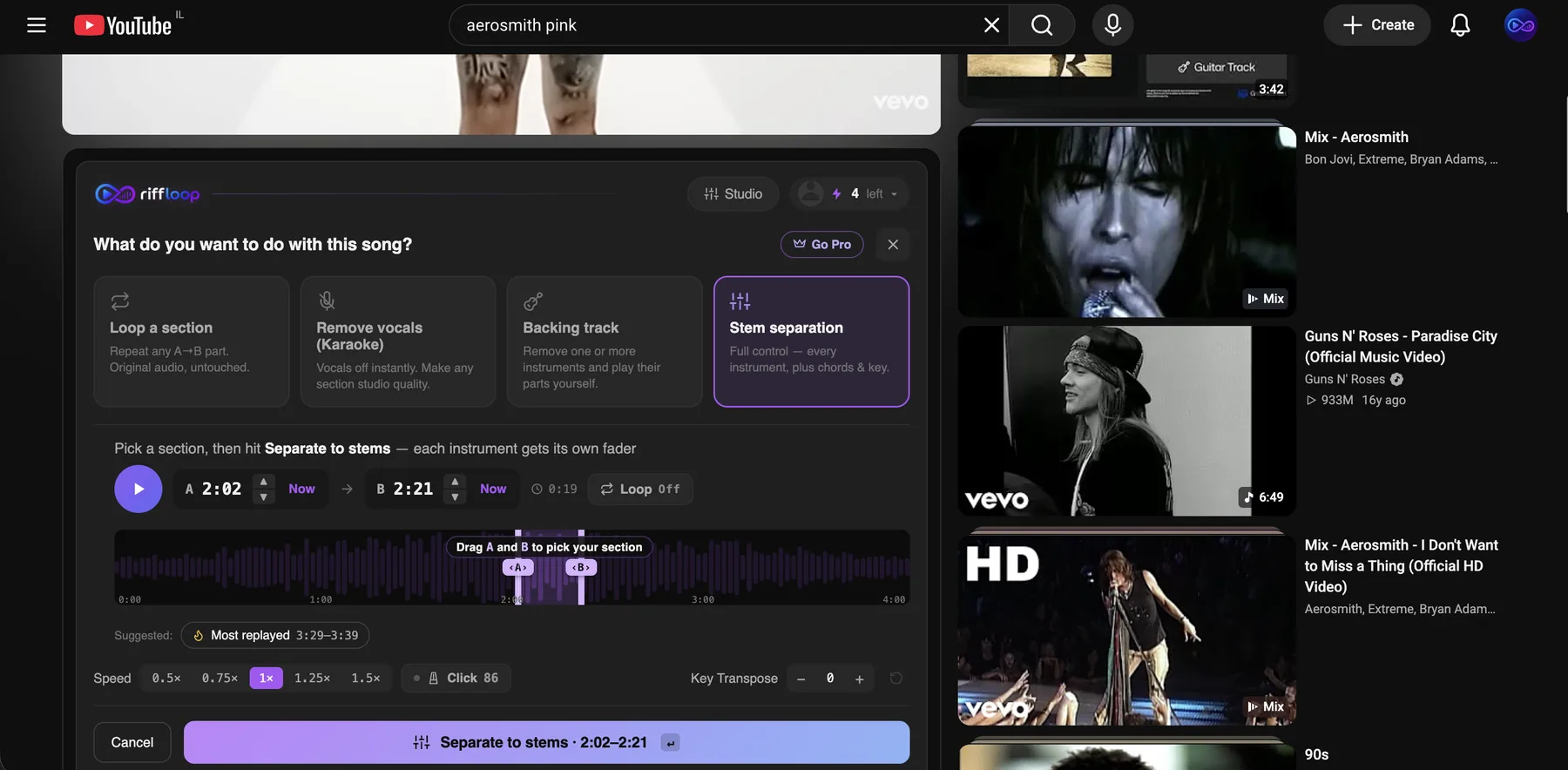 A YouTube watch page with the Riffloop panel under the player, showing the goal chooser: Loop a section, Remove vocals, Backing track and Stem separation.