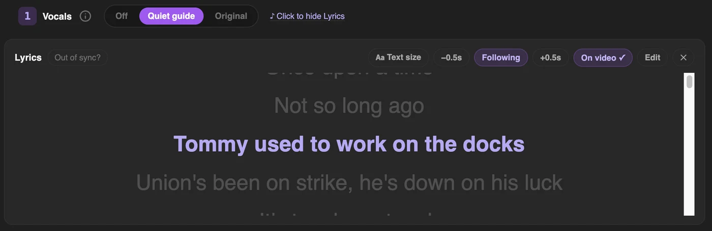 The Riffloop panel on a YouTube song: the vocals switch showing Off, Quiet guide and Original with Quiet guide selected, and the lyrics sheet below with Out of sync?, text size, half-second nudge, Following and On video controls. The line currently being sung is highlighted in purple while the lines around it stay dim.