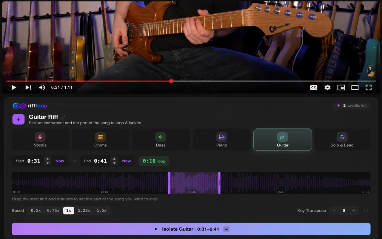 Riffloop isolating the guitar stem from a YouTube song — an instrument selector (vocals, drums, bass, piano, guitar, solo & lead), A-B loop markers set from 0:31 to 0:41 on the waveform, plus speed and key-transpose controls beneath the video player.