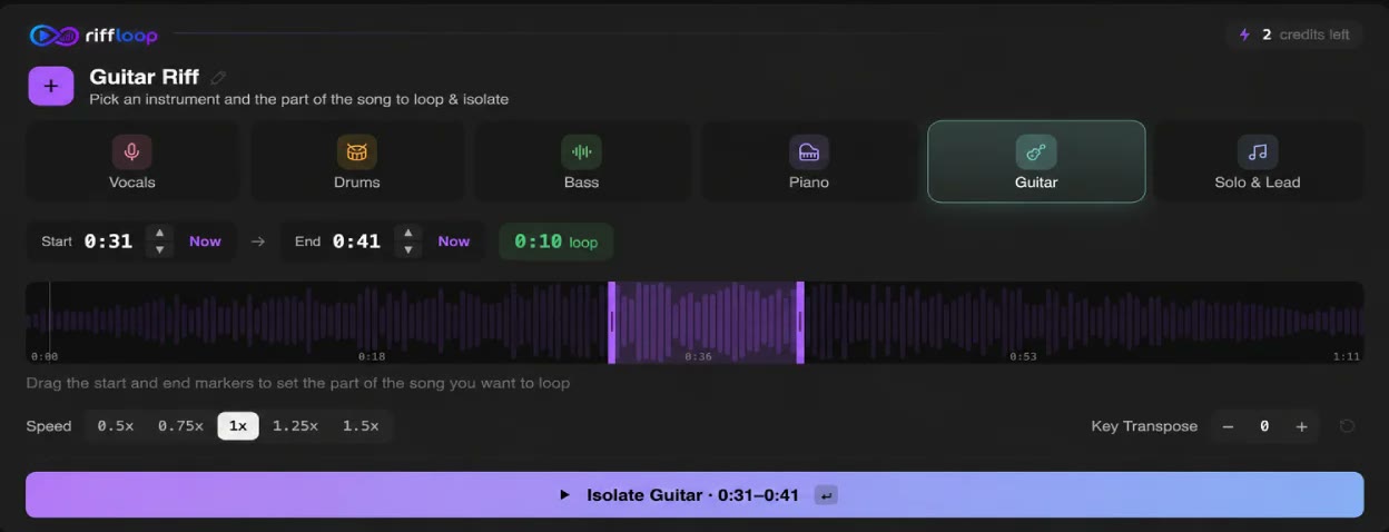 Riffloop's stem panel showing Vocals, Drums, Bass, Piano, Guitar and Solo & Lead buttons, with loop, speed (0.5x–1.5x) and key-transpose controls beneath.